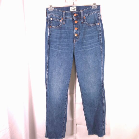 J.Crew Women's 24 Blue Denim Vintage Straight Button Fly Frayed Hem Ankle Jeans - Picture 1 of 10